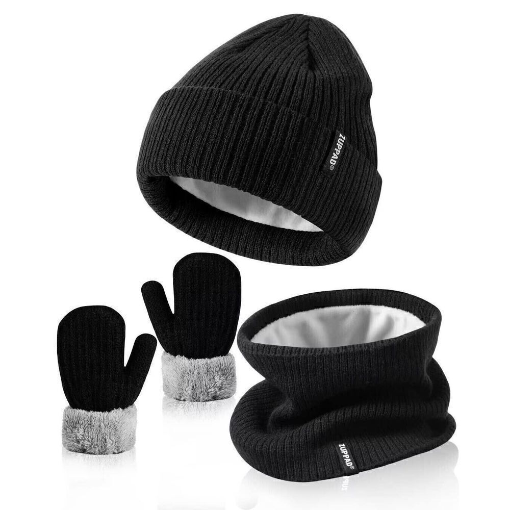 Zuppad Kid's Sz Medium Black Fleece Lined Beanie, Mittens & Infinity Scarf Set